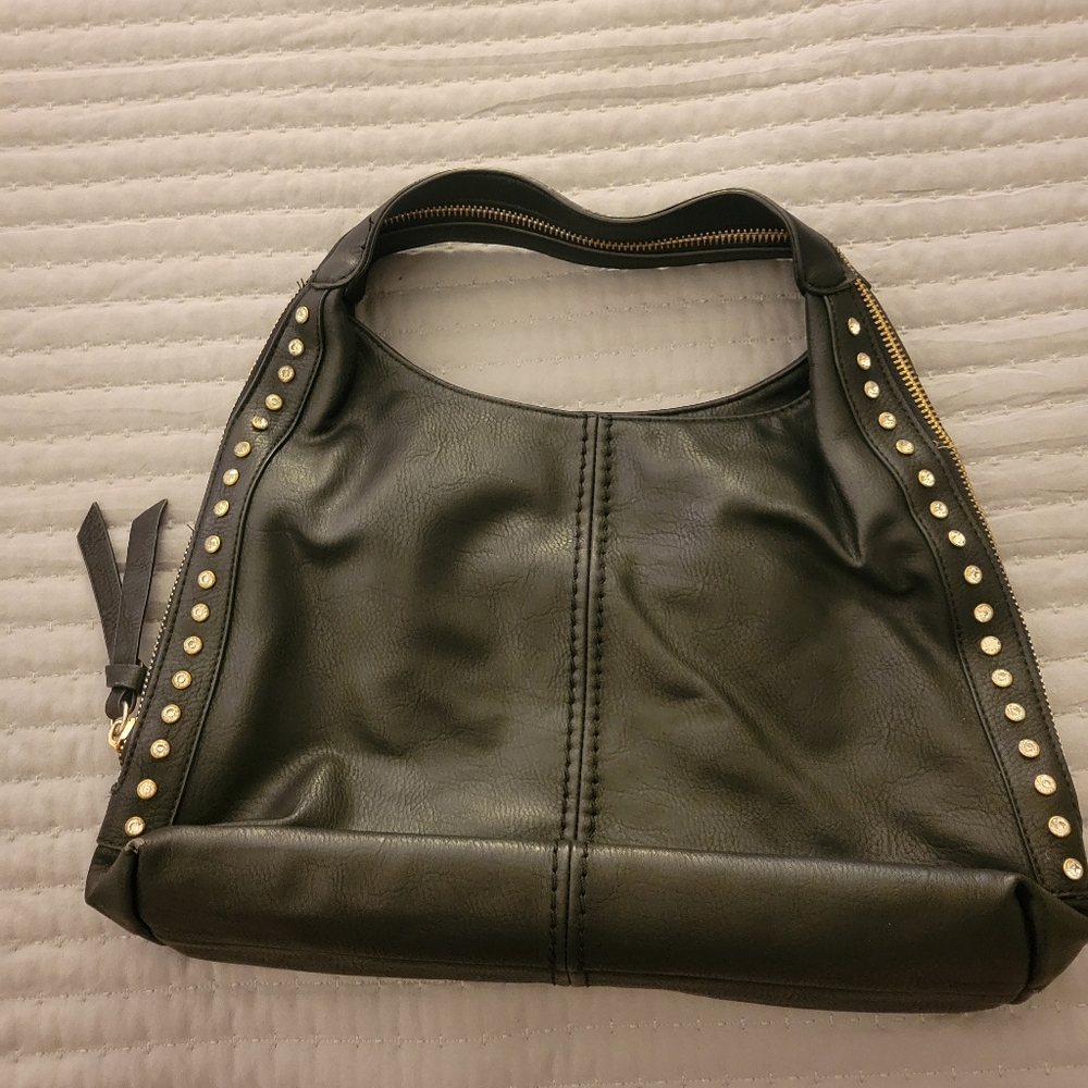 Unique black faux leather with gold accents shoulder bag